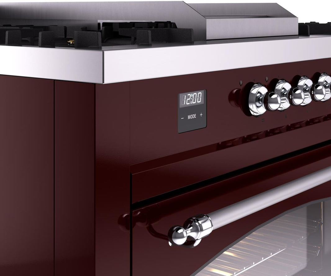 ILVE Nostalgie II 60-Inch Dual Fuel Freestanding Range in Burgundy with Chrome Trim (UP60FSNMPBUC)