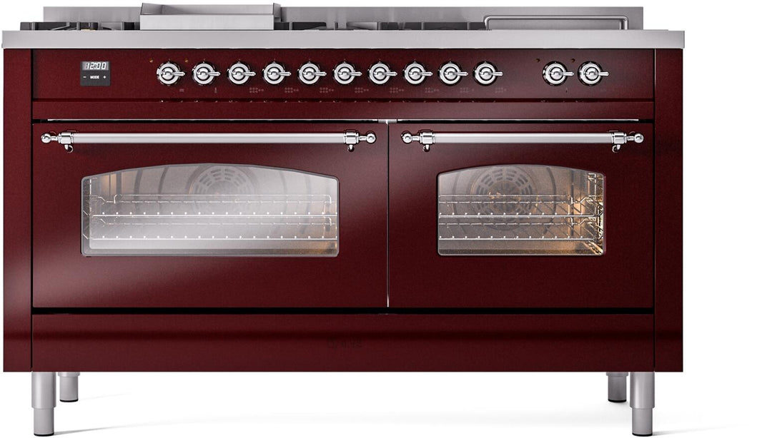 ILVE Nostalgie II 60-Inch Dual Fuel Freestanding Range in Burgundy with Chrome Trim (UP60FSNMPBUC)