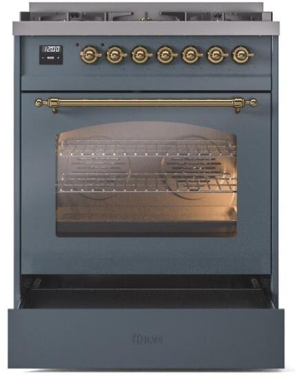 ILVE Nostalgie II 30-Inch Dual Fuel Freestanding Range in Blue Grey with Brass Trim (UP30NMPBGG)