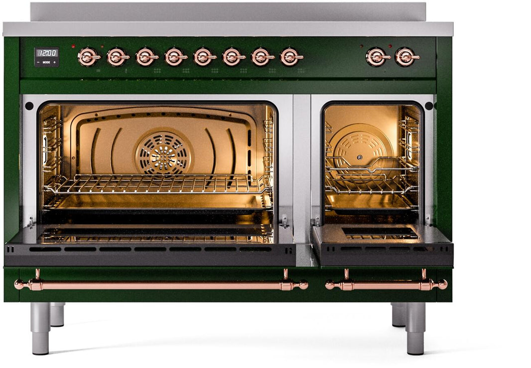 ILVE Nostalgie II 48-Inch Freestanding Electric Induction Range in Emerald Green with Copper Trim (UPI486NMPEGP)