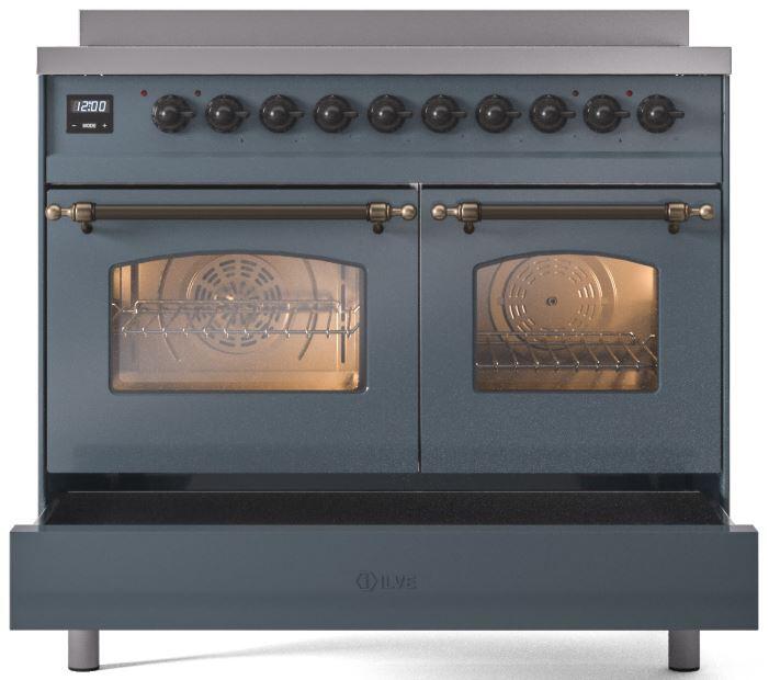 ILVE Nostalgie II 40-Inch Freestanding Electric Induction Range in Blue Grey with Bronze Trim (UPDI406NMPBGB)