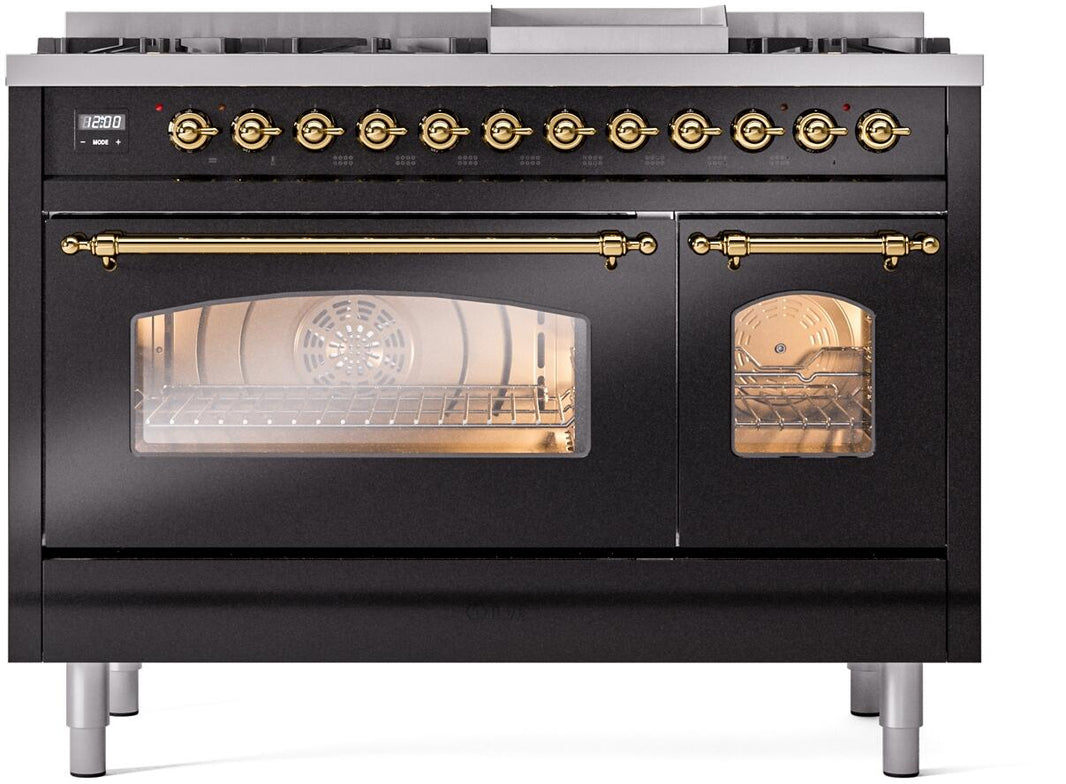 ILVE Nostalgie II 48-Inch Dual Fuel Freestanding Range in Glossy Black with Brass Trim (UP48FNMPBKG)