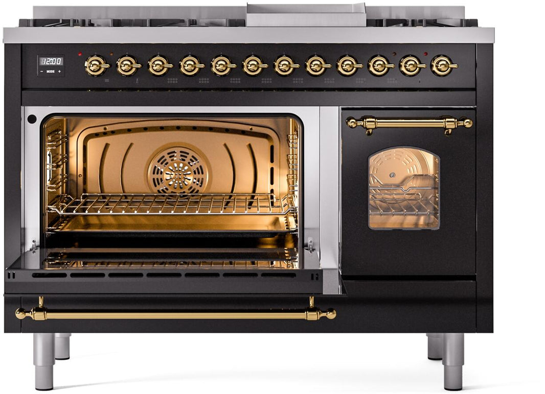 ILVE Nostalgie II 48-Inch Dual Fuel Freestanding Range in Glossy Black with Brass Trim (UP48FNMPBKG)