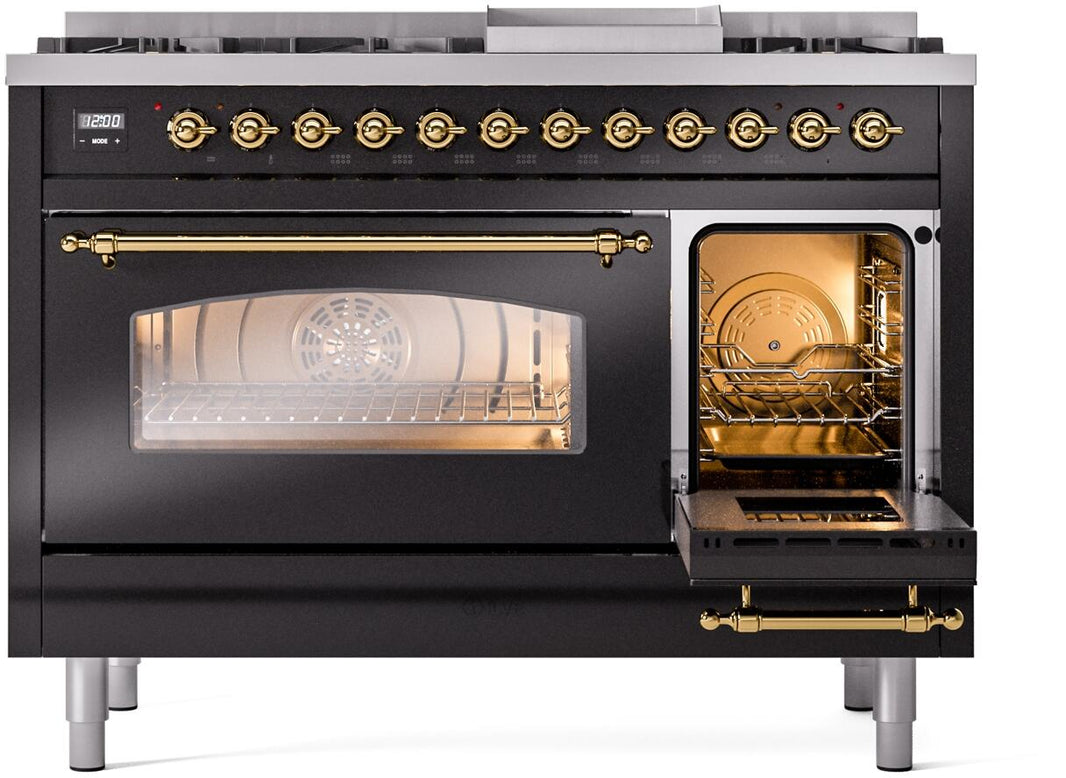 ILVE Nostalgie II 48-Inch Dual Fuel Freestanding Range in Glossy Black with Brass Trim (UP48FNMPBKG)