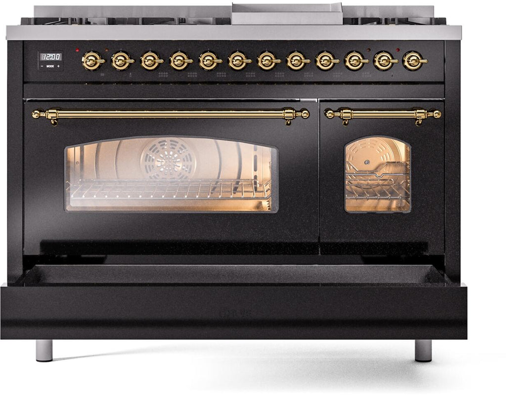 ILVE Nostalgie II 48-Inch Dual Fuel Freestanding Range in Glossy Black with Brass Trim (UP48FNMPBKG)