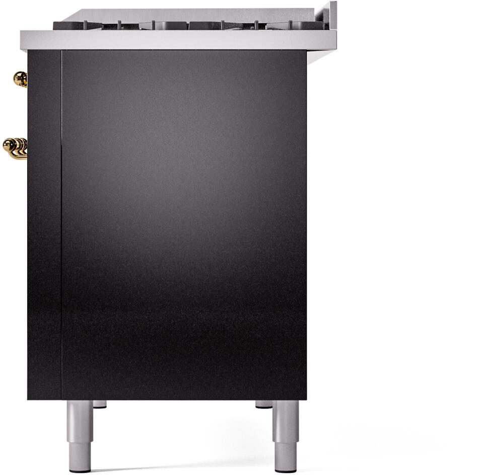 ILVE Nostalgie II 48-Inch Dual Fuel Freestanding Range in Glossy Black with Brass Trim (UP48FNMPBKG)