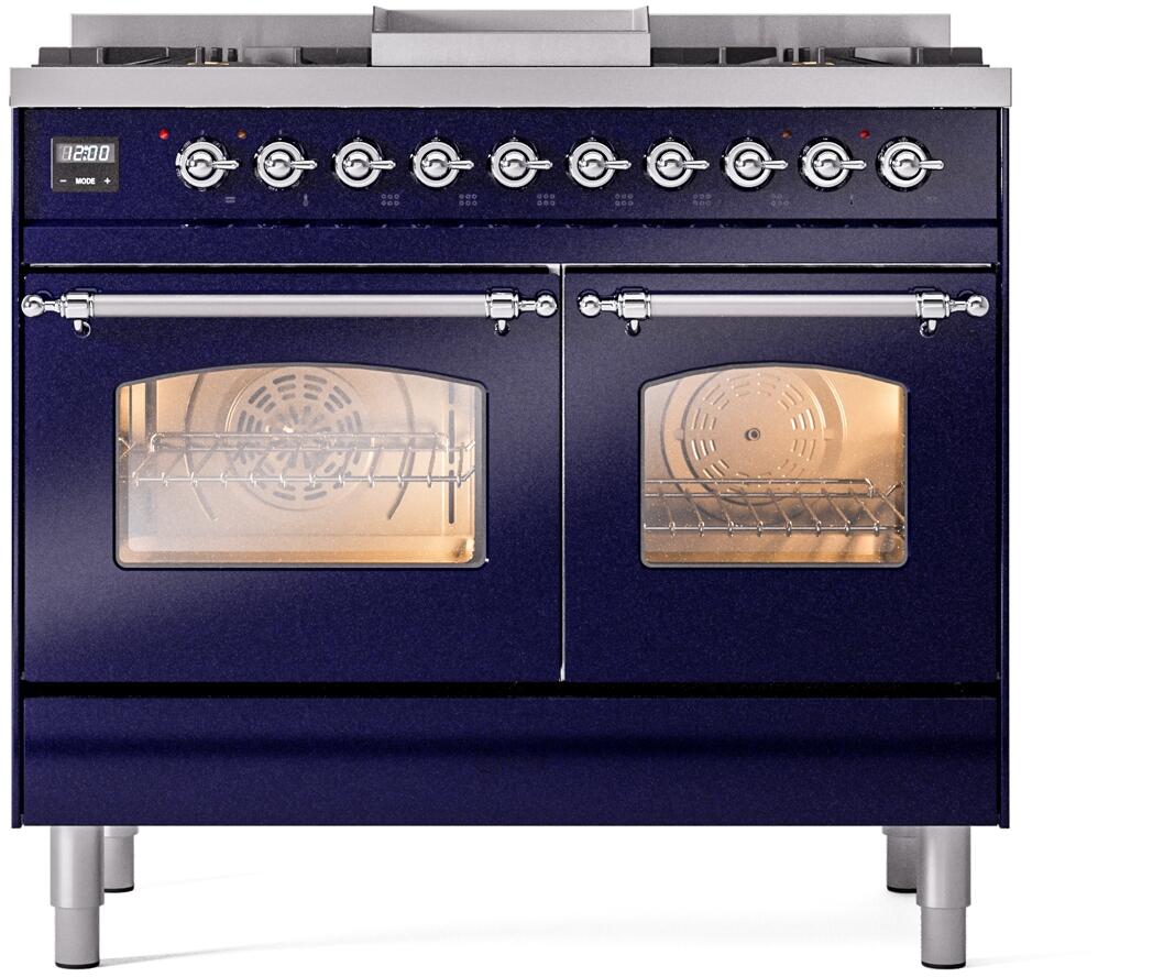 ILVE Nostalgie II 40-Inch Dual Fuel Freestanding Range in Midnight Blue with Chrome Trim (UPD40FNMPMBC)