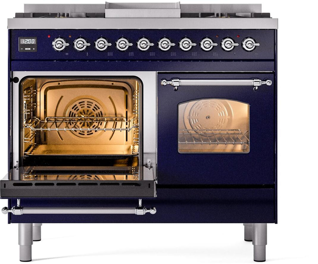 ILVE Nostalgie II 40-Inch Dual Fuel Freestanding Range in Midnight Blue with Chrome Trim (UPD40FNMPMBC)