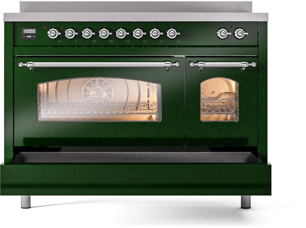 ILVE Nostalgie II 48-Inch Freestanding Electric Induction Range in Emerald Green with Chrome Trim (UPI486NMPEGC)