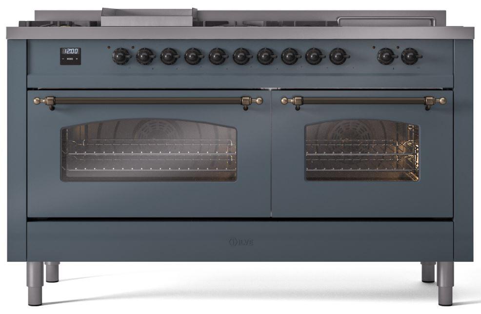 ILVE Nostalgie II 60-Inch Dual Fuel Freestanding Range in Blue Grey with Bronze Trim (UP60FSNMPBGB)