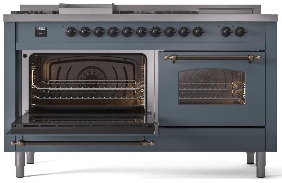 ILVE Nostalgie II 60-Inch Dual Fuel Freestanding Range in Blue Grey with Bronze Trim (UP60FSNMPBGB)