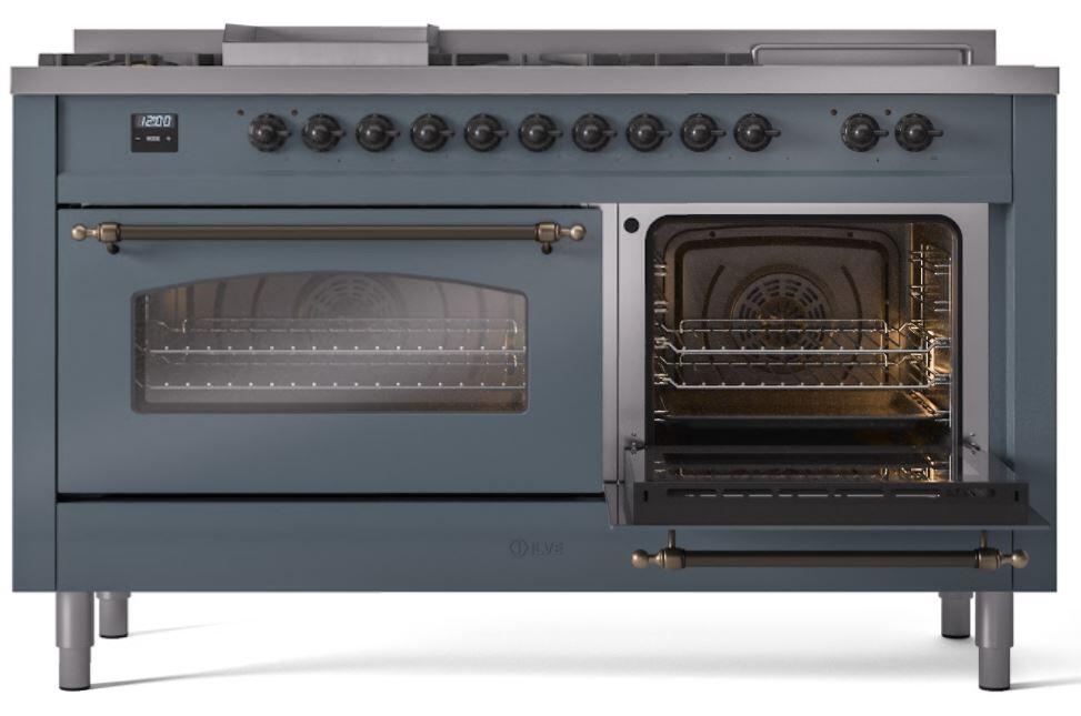 ILVE Nostalgie II 60-Inch Dual Fuel Freestanding Range in Blue Grey with Bronze Trim (UP60FSNMPBGB)