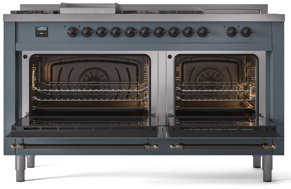 ILVE Nostalgie II 60-Inch Dual Fuel Freestanding Range in Blue Grey with Bronze Trim (UP60FSNMPBGB)