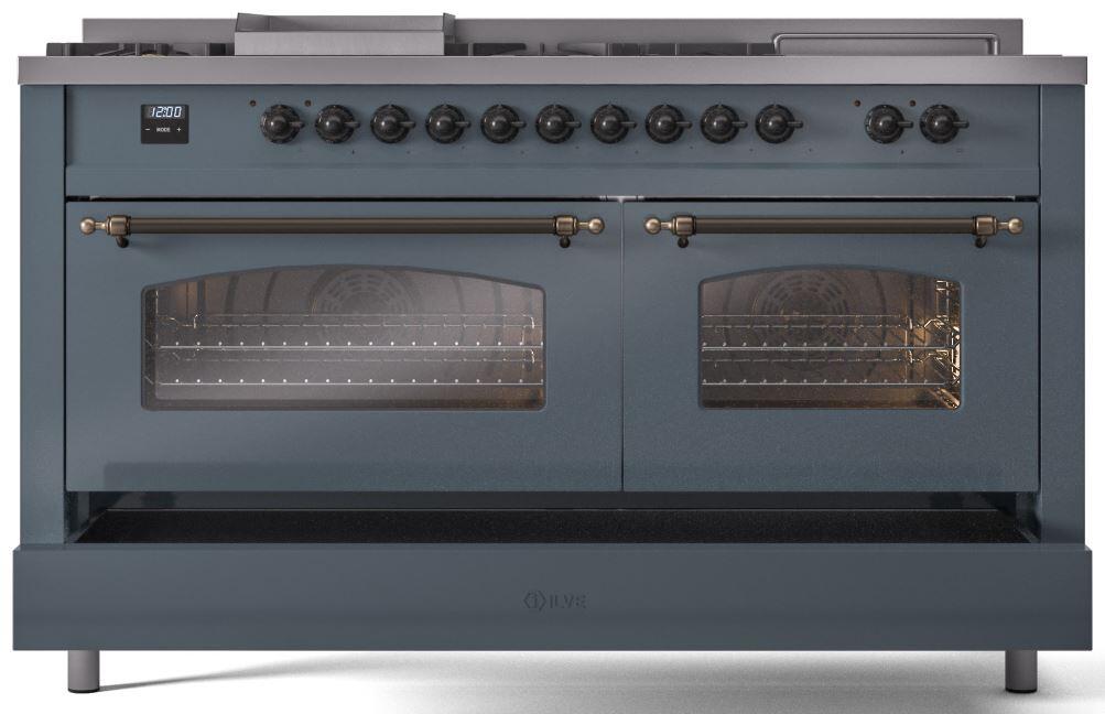 ILVE Nostalgie II 60-Inch Dual Fuel Freestanding Range in Blue Grey with Bronze Trim (UP60FSNMPBGB)