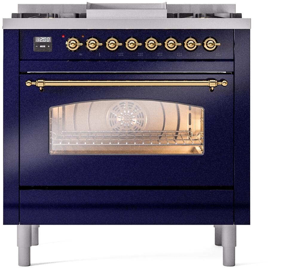 ILVE Nostalgie II 36-Inch Dual Fuel Freestanding Range in Midnight Blue with Brass Trim (UP36FNMPMBG)