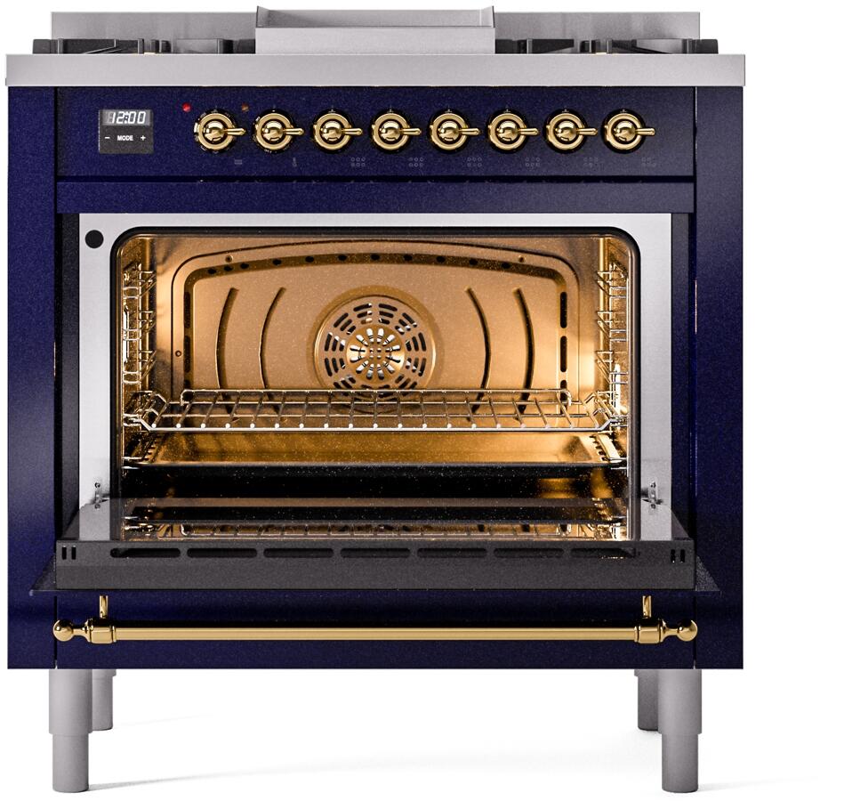 ILVE Nostalgie II 36-Inch Dual Fuel Freestanding Range in Midnight Blue with Brass Trim (UP36FNMPMBG)