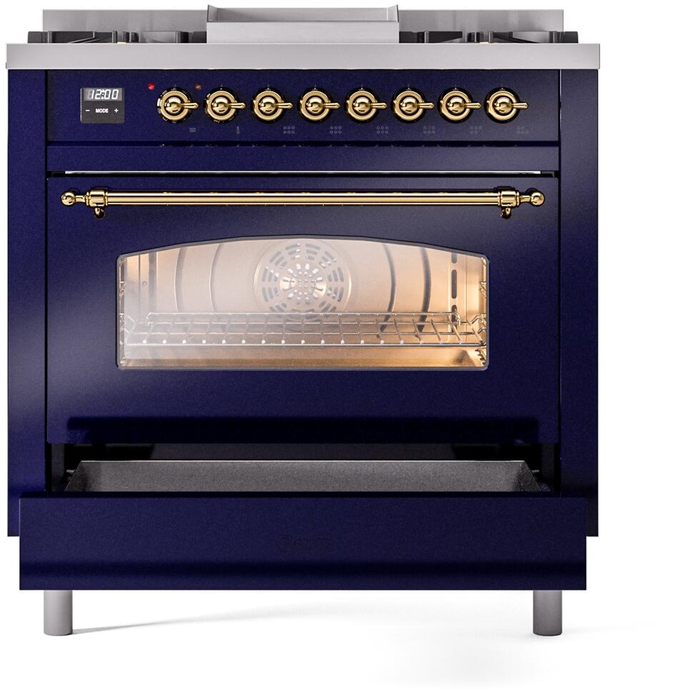 ILVE Nostalgie II 36-Inch Dual Fuel Freestanding Range in Midnight Blue with Brass Trim (UP36FNMPMBG)