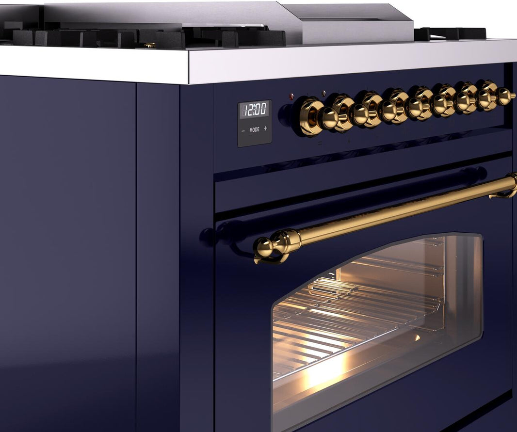 ILVE Nostalgie II 36-Inch Dual Fuel Freestanding Range in Midnight Blue with Brass Trim (UP36FNMPMBG)