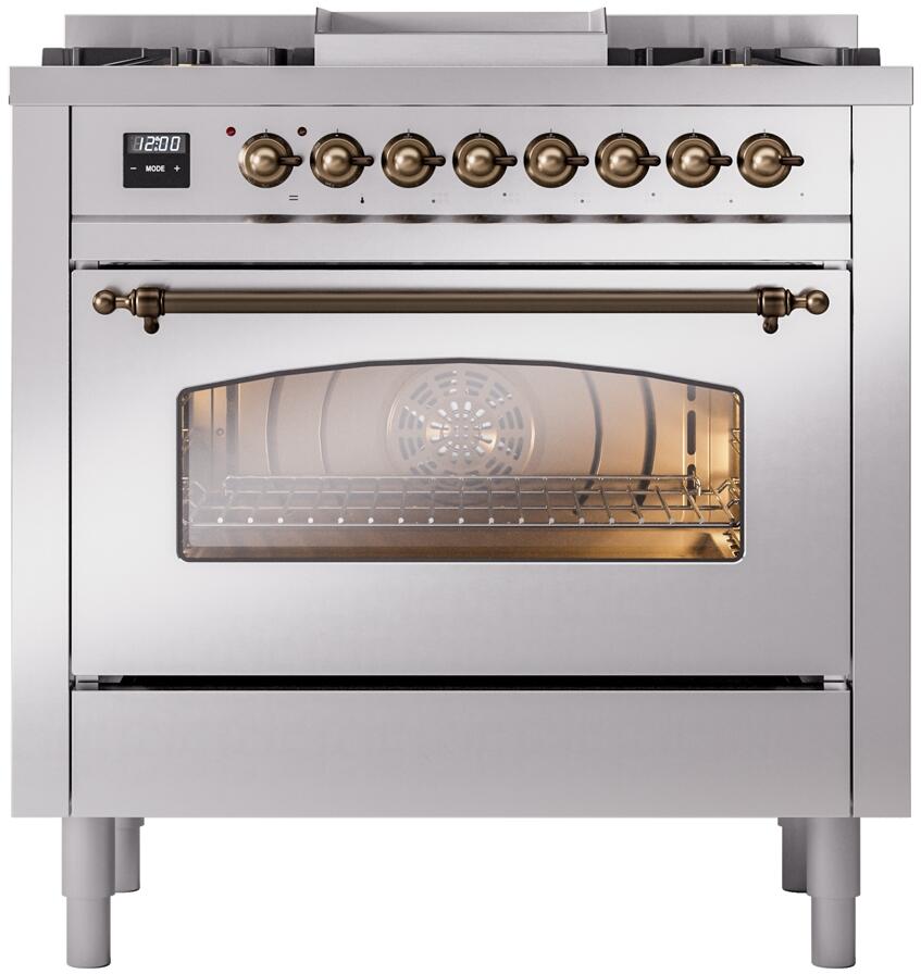 ILVE Nostalgie II 36-Inch Dual Fuel Freestanding Range in Stainless Steel with Bronze Trim (UP36FNMPSSB)