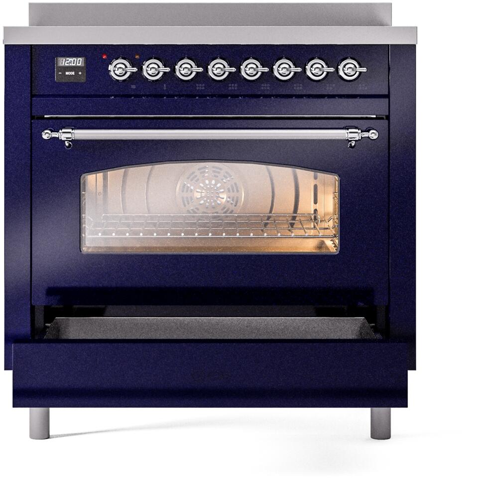 ILVE Nostalgie II 36-Inch Freestanding Electric Induction Range in Midnight Blue with Chrome Trim (UPI366NMPMBC)