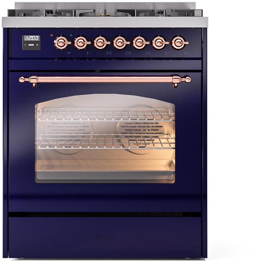 ILVE Nostalgie II 30-Inch Dual Fuel Freestanding Range in Midnight Blue with Copper Trim (UP30NMPMBP)