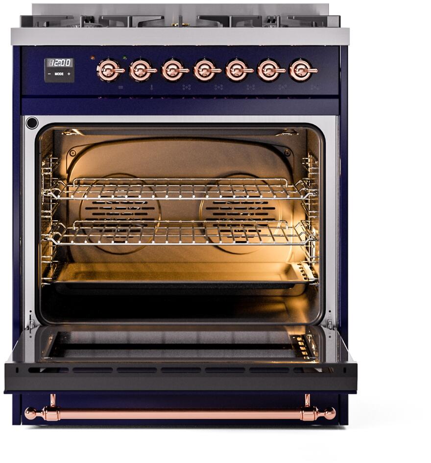 ILVE Nostalgie II 30-Inch Dual Fuel Freestanding Range in Midnight Blue with Copper Trim (UP30NMPMBP)