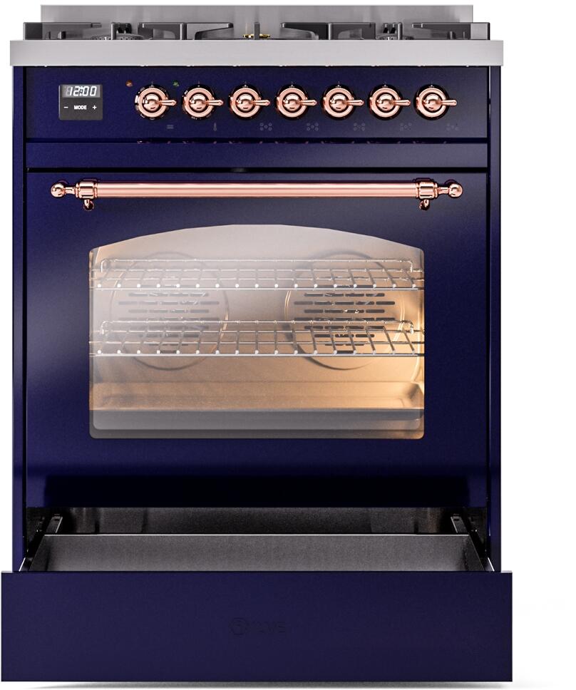 ILVE Nostalgie II 30-Inch Dual Fuel Freestanding Range in Midnight Blue with Copper Trim (UP30NMPMBP)