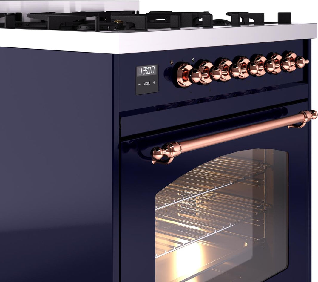 ILVE Nostalgie II 30-Inch Dual Fuel Freestanding Range in Midnight Blue with Copper Trim (UP30NMPMBP)