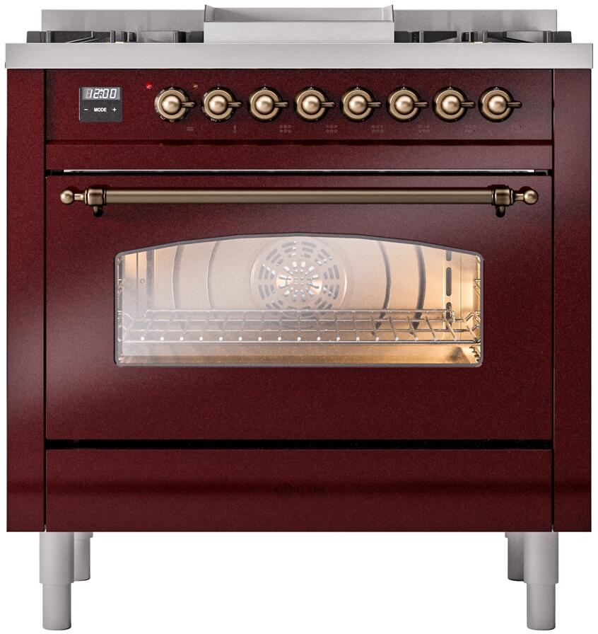 ILVE Nostalgie II 36-Inch Dual Fuel Freestanding Range in Burgundy with Bronze Trim (UP36FNMPBUB)