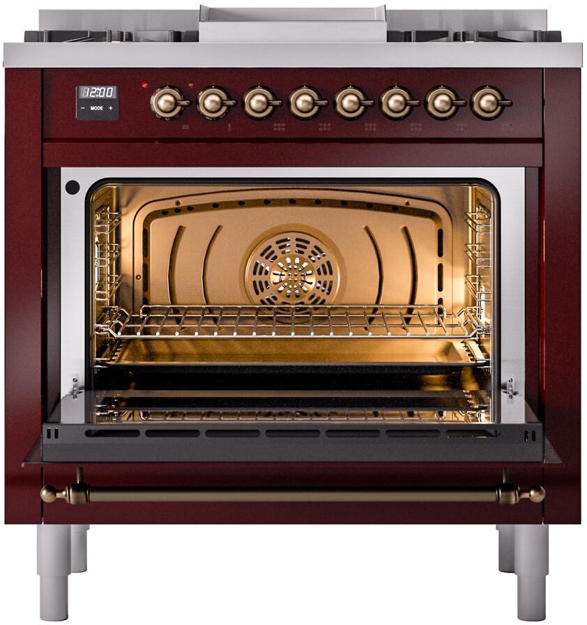 ILVE Nostalgie II 36-Inch Dual Fuel Freestanding Range in Burgundy with Bronze Trim (UP36FNMPBUB)