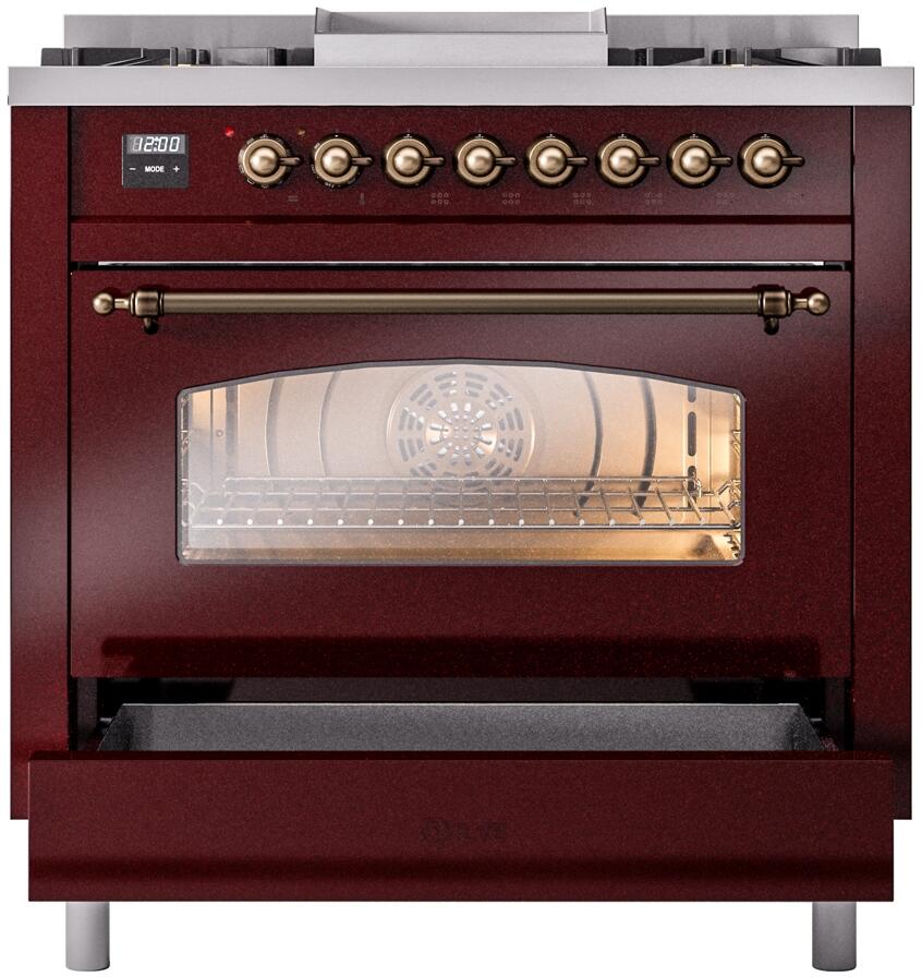 ILVE Nostalgie II 36-Inch Dual Fuel Freestanding Range in Burgundy with Bronze Trim (UP36FNMPBUB)