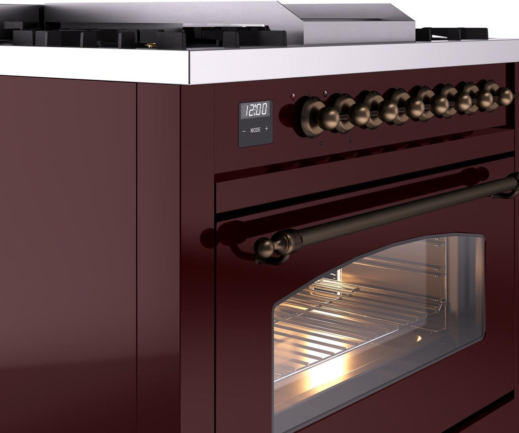 ILVE Nostalgie II 36-Inch Dual Fuel Freestanding Range in Burgundy with Bronze Trim (UP36FNMPBUB)