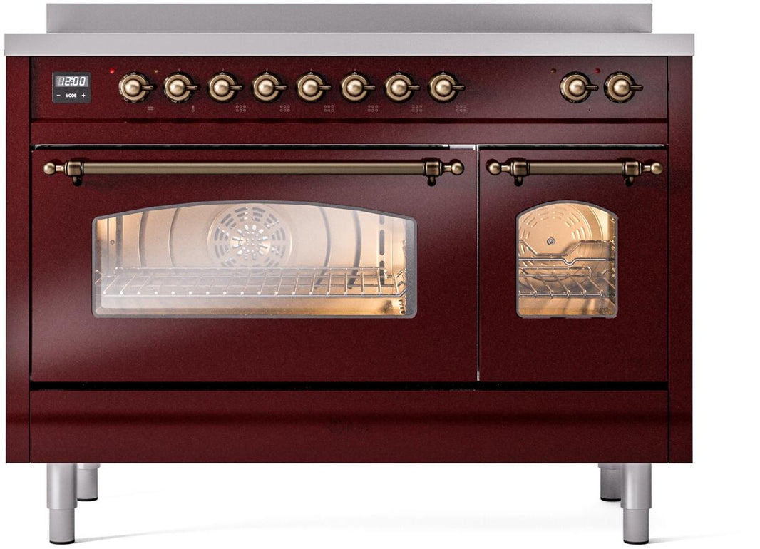 ILVE Nostalgie II 48-Inch Freestanding Electric Induction Range in Burgundy with Bronze Trim (UPI486NMPBUB)