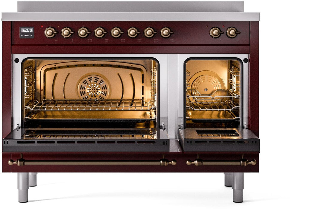 ILVE Nostalgie II 48-Inch Freestanding Electric Induction Range in Burgundy with Bronze Trim (UPI486NMPBUB)