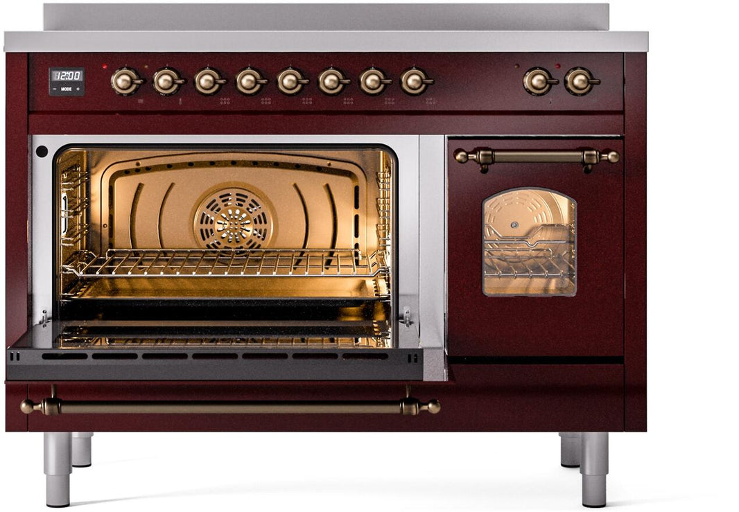 ILVE Nostalgie II 48-Inch Freestanding Electric Induction Range in Burgundy with Bronze Trim (UPI486NMPBUB)