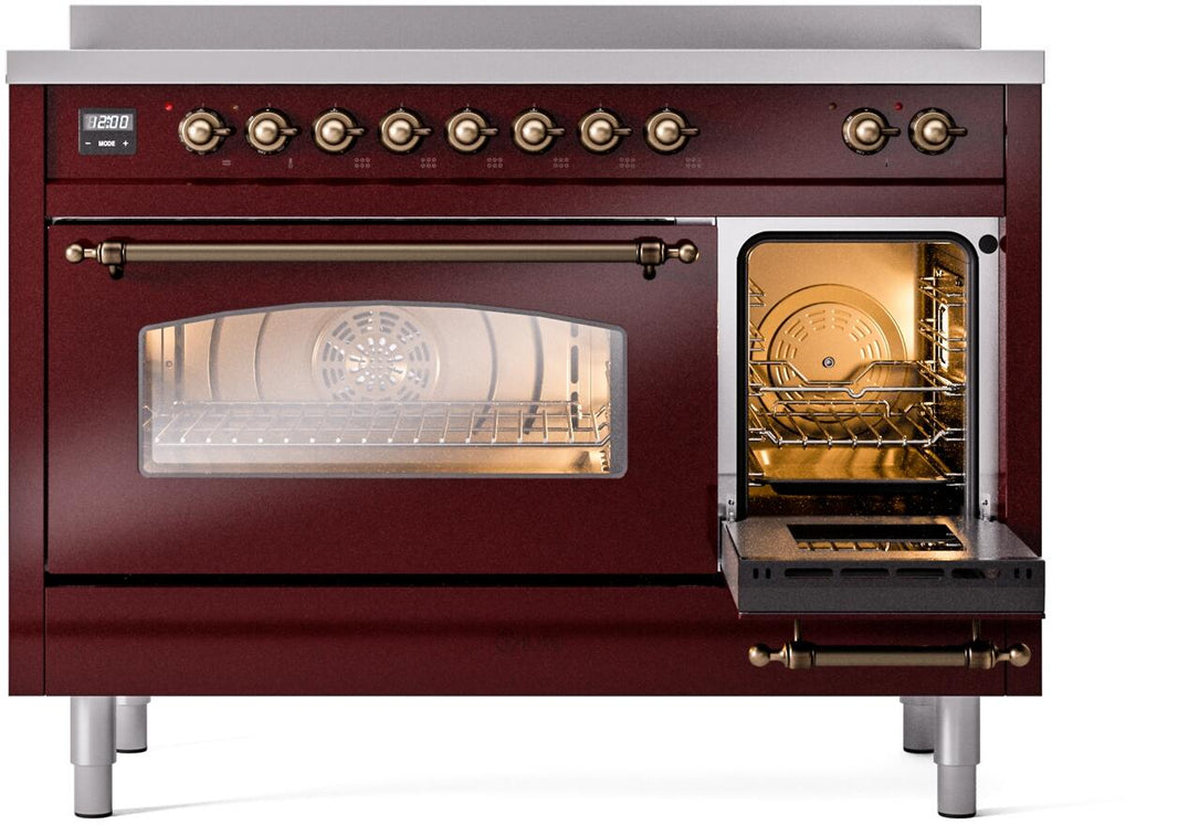 ILVE Nostalgie II 48-Inch Freestanding Electric Induction Range in Burgundy with Bronze Trim (UPI486NMPBUB)