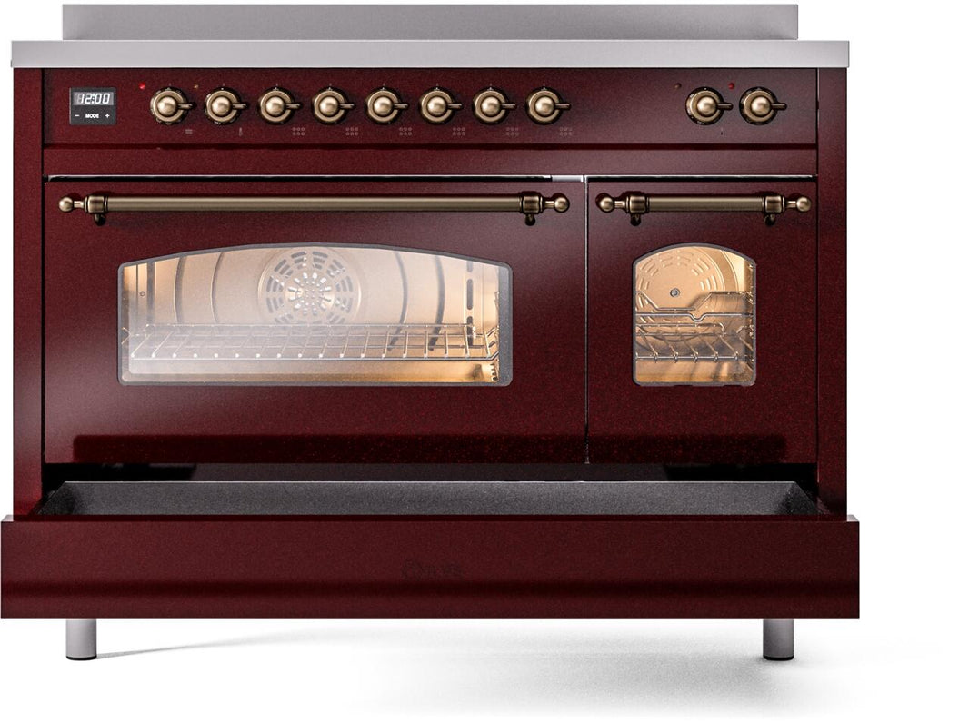 ILVE Nostalgie II 48-Inch Freestanding Electric Induction Range in Burgundy with Bronze Trim (UPI486NMPBUB)