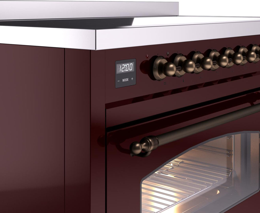 ILVE Nostalgie II 48-Inch Freestanding Electric Induction Range in Burgundy with Bronze Trim (UPI486NMPBUB)