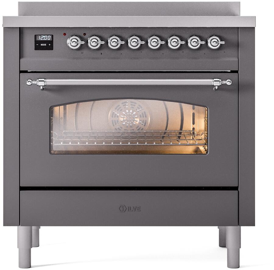 ILVE Nostalgie II 36-Inch Freestanding Electric Induction Range in Matte Graphite with Chrome Trim (UPI366NMPMGC)