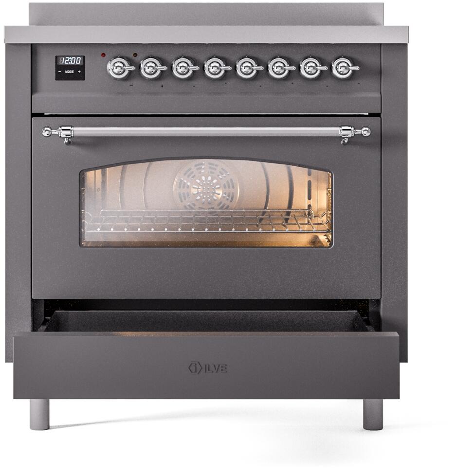 ILVE Nostalgie II 36-Inch Freestanding Electric Induction Range in Matte Graphite with Chrome Trim (UPI366NMPMGC)