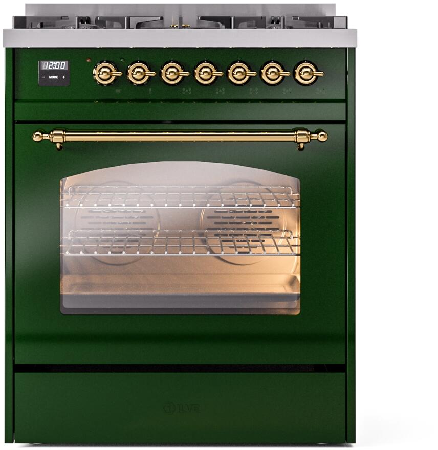 ILVE Nostalgie II 30-Inch Dual Fuel Freestanding Range in Emerald Green with Brass Trim (UP30NMPEGG)