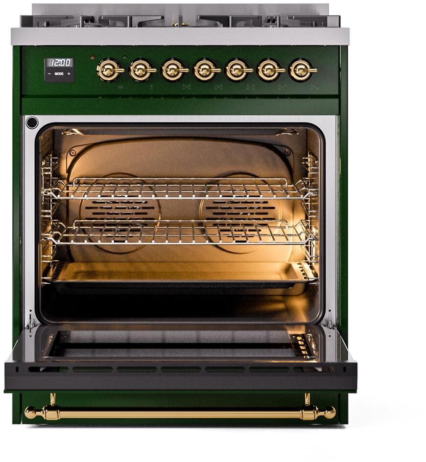 ILVE Nostalgie II 30-Inch Dual Fuel Freestanding Range in Emerald Green with Brass Trim (UP30NMPEGG)