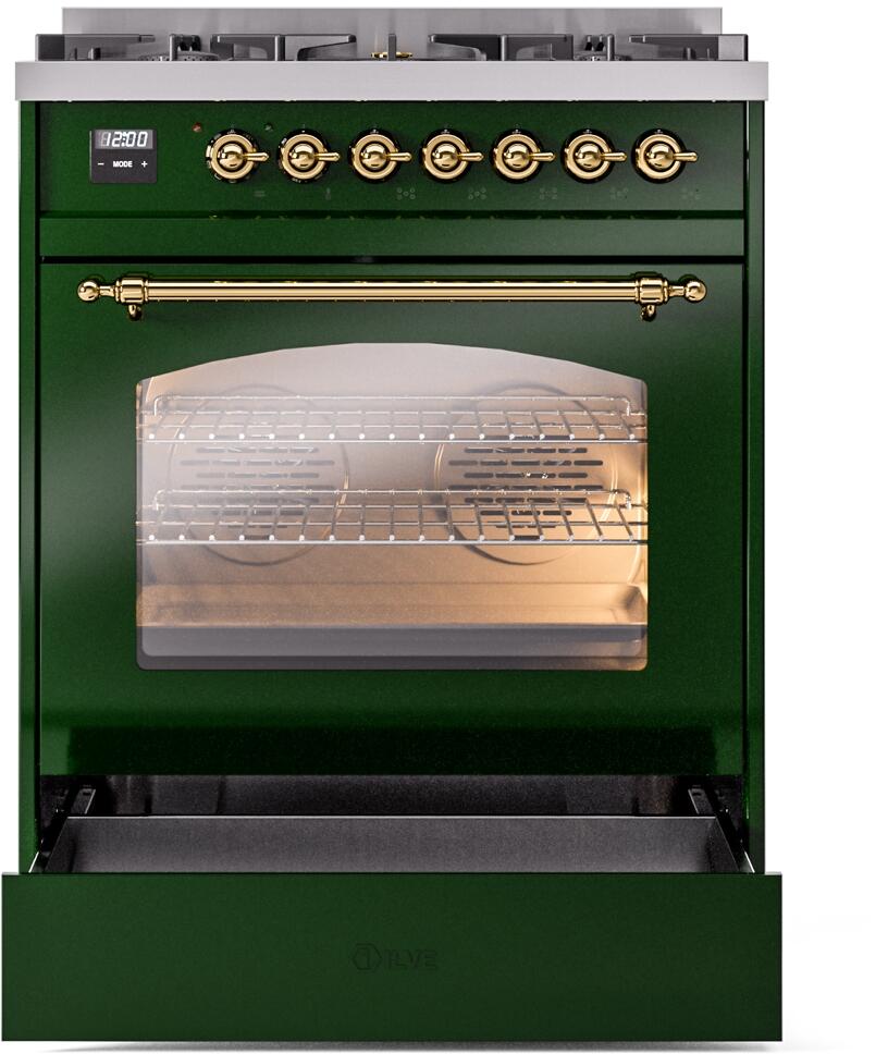 ILVE Nostalgie II 30-Inch Dual Fuel Freestanding Range in Emerald Green with Brass Trim (UP30NMPEGG)