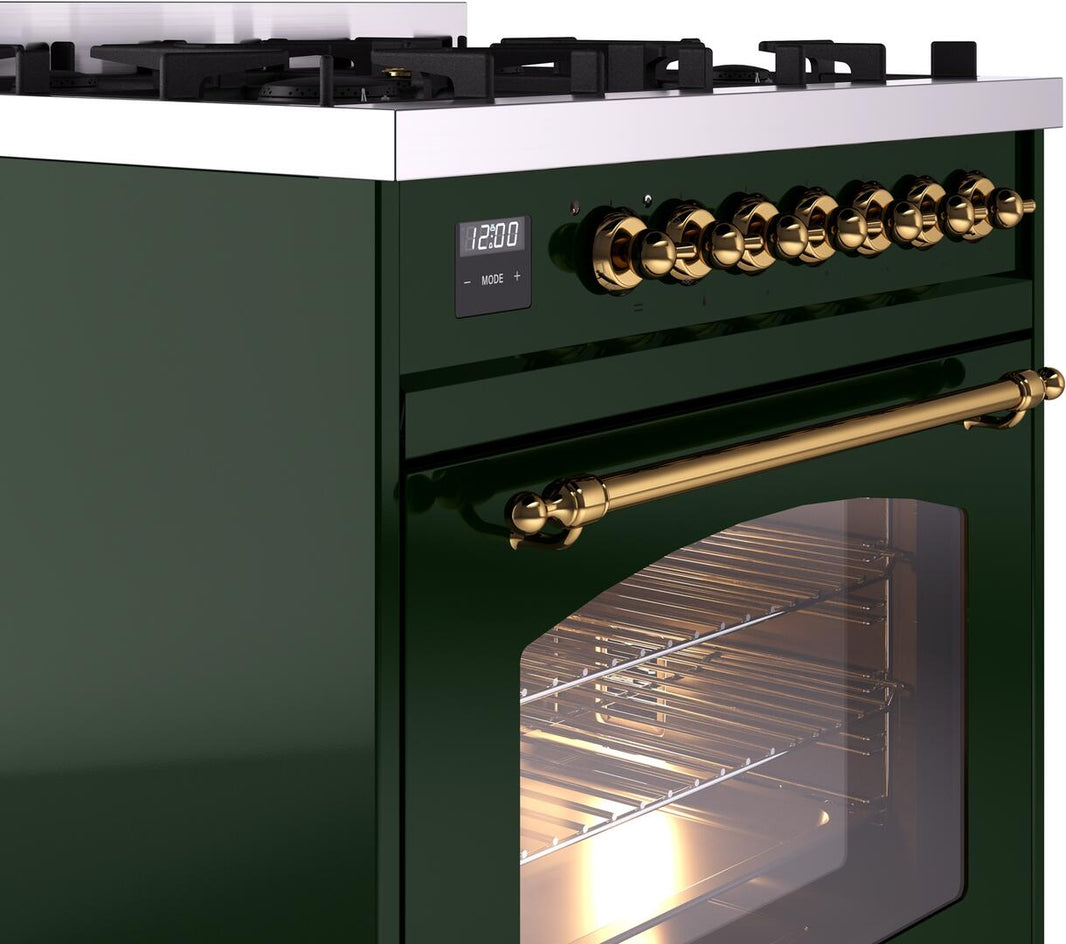 ILVE Nostalgie II 30-Inch Dual Fuel Freestanding Range in Emerald Green with Brass Trim (UP30NMPEGG)