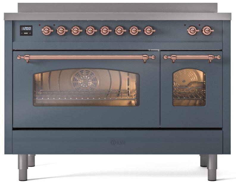 ILVE Nostalgie II 48-Inch Freestanding Electric Induction Range in Blue Grey with Copper Trim (UPI486NMPBGP)