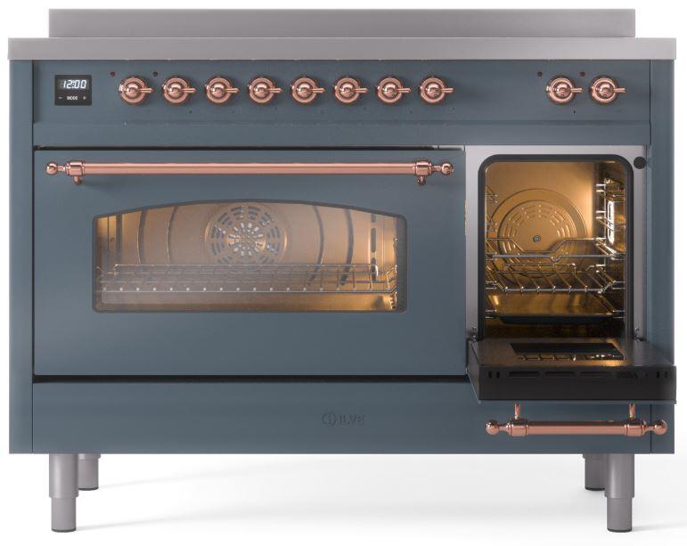 ILVE Nostalgie II 48-Inch Freestanding Electric Induction Range in Blue Grey with Copper Trim (UPI486NMPBGP)