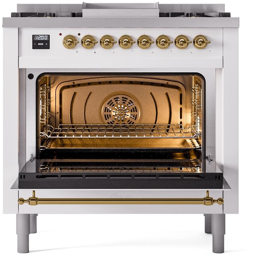 ILVE Nostalgie II 36-Inch Dual Fuel Freestanding Range in White with Brass Trim (UP36FNMPWHG)