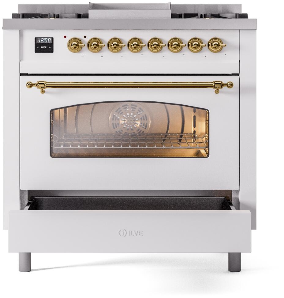 ILVE Nostalgie II 36-Inch Dual Fuel Freestanding Range in White with Brass Trim (UP36FNMPWHG)