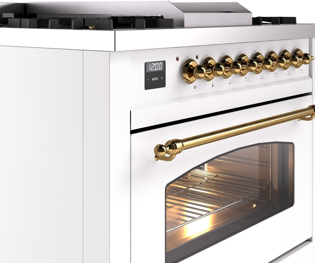 ILVE Nostalgie II 36-Inch Dual Fuel Freestanding Range in White with Brass Trim (UP36FNMPWHG)