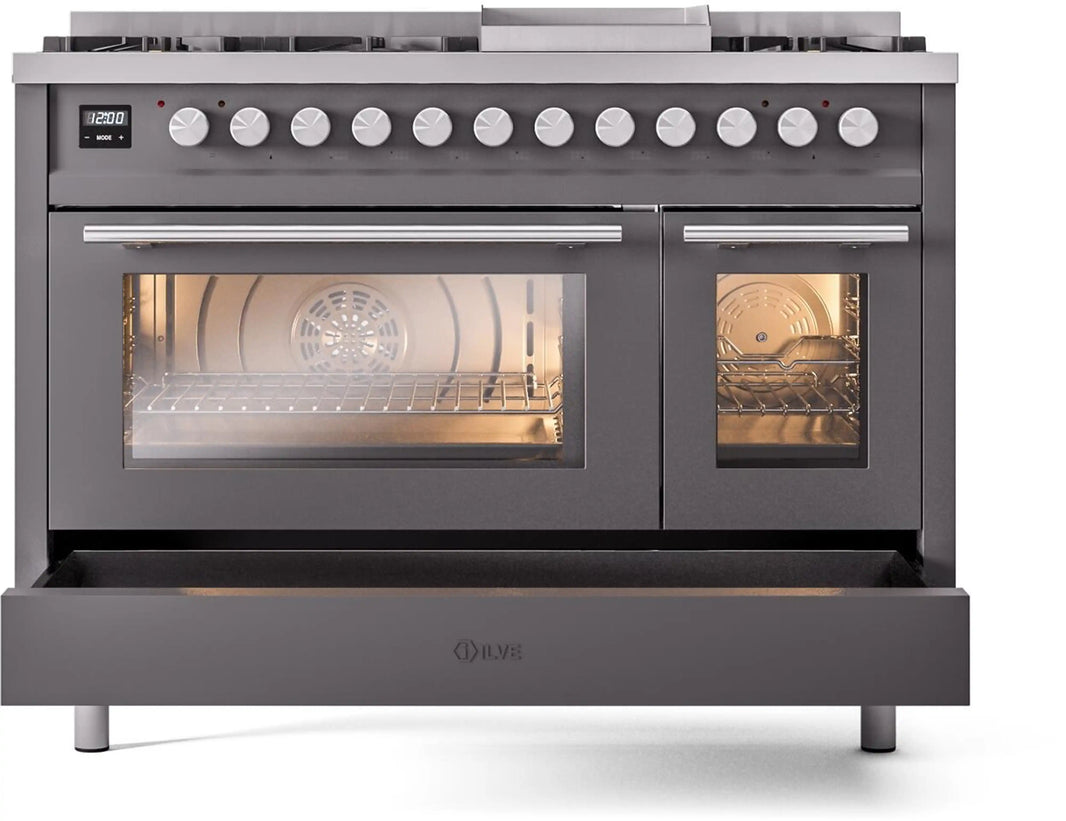 ILVE 48-Inch Professional Plus II Freestanding Dual Fuel Range with 8 Sealed Burner in Matte Graphite (UP48FWMPMG)